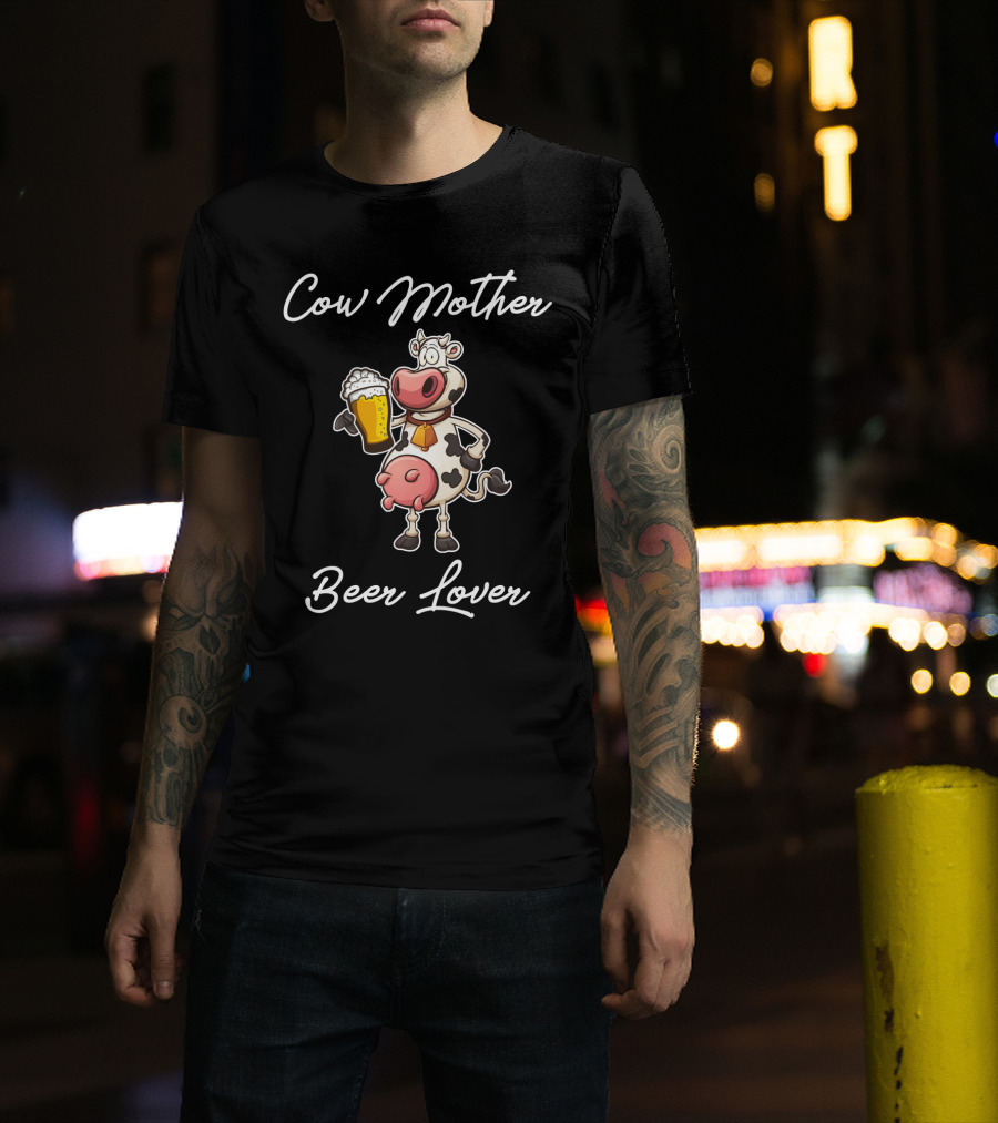 Cow Mother Holding Beer Glass Cartoon Art With Heart T-Shirt