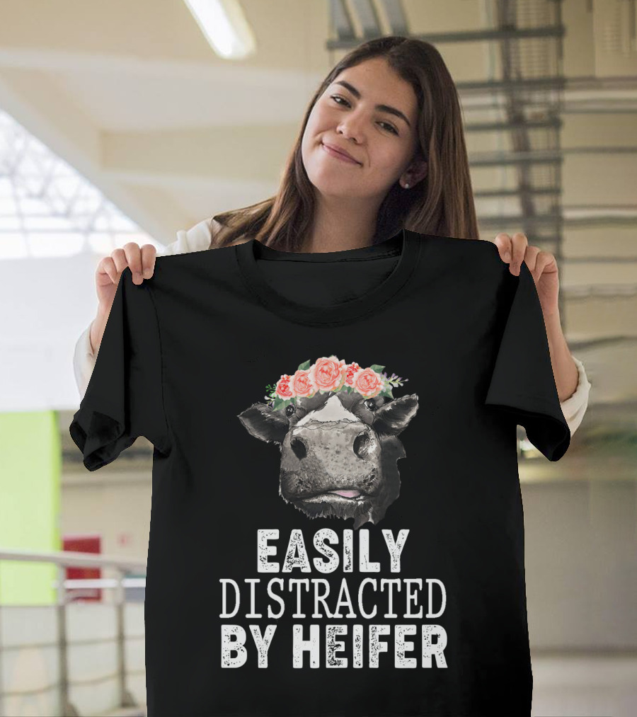 Easily Distracted by Heifer Floral Cow with Flower Crown T-Shirt