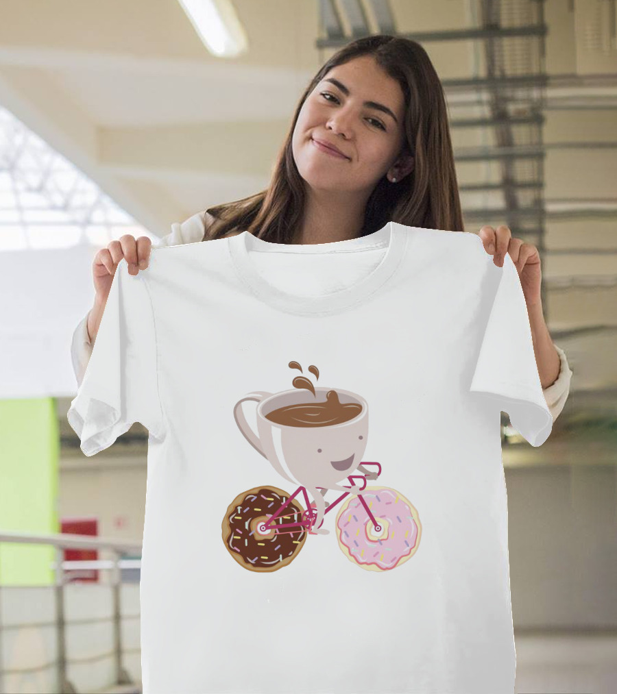 Happy Coffee Cup Riding Donut Bicycle Fun T-Shirt
