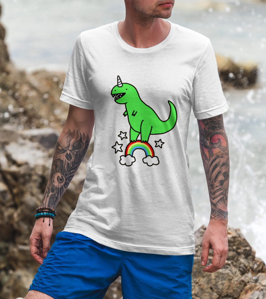 Unicorn Dinosaur With Stars And Rainbow T-Shirt