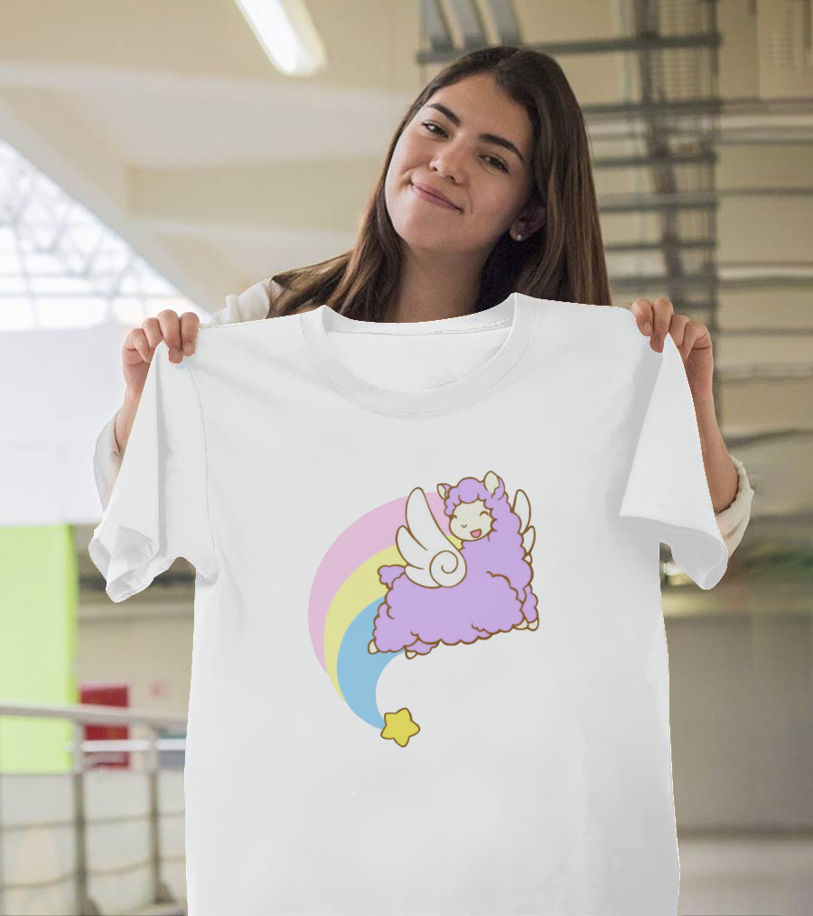 Flying Alpacasus: Winged Purple Alpaca With Rainbow And Star Trail T-Shirt