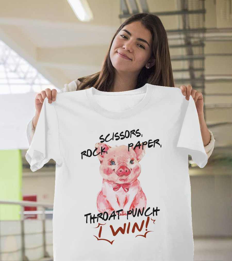 Scissors Rock Paper Throat Punch I Win Cute Pig Watercolor T-Shirt