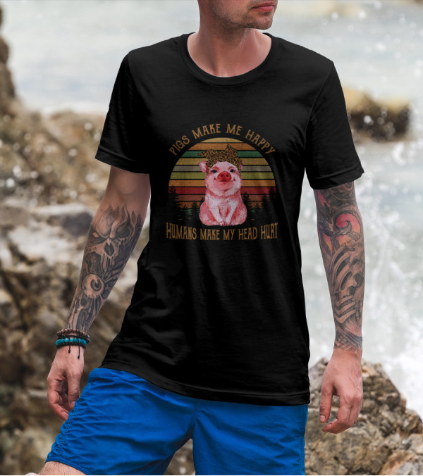 Pigs Make Me Happy Humans Make My Head Hurt Retro Pig With Leopard Print Bow T-Shirt