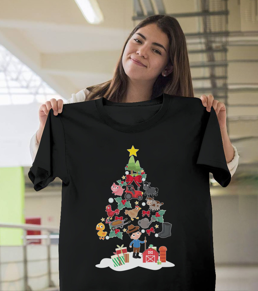 Farmer Christmas Tree With Farm Animals And Tractor T-Shirt