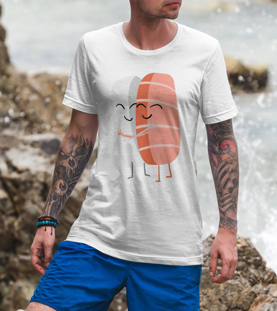 Kawaii Sushi Hugging Salmon Nigiri Cartoon T-Shirt