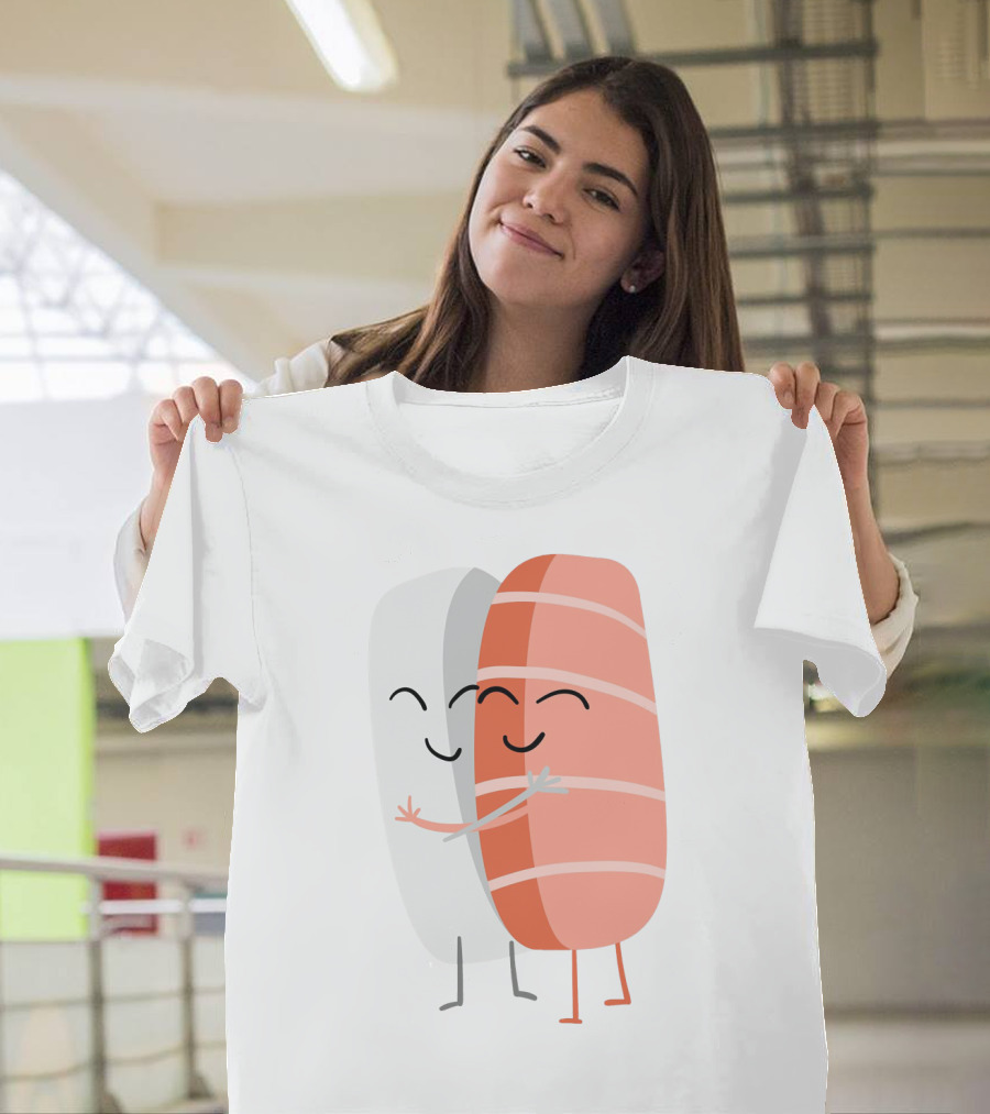 Kawaii Sushi Hugging Salmon Nigiri Cartoon T-Shirt