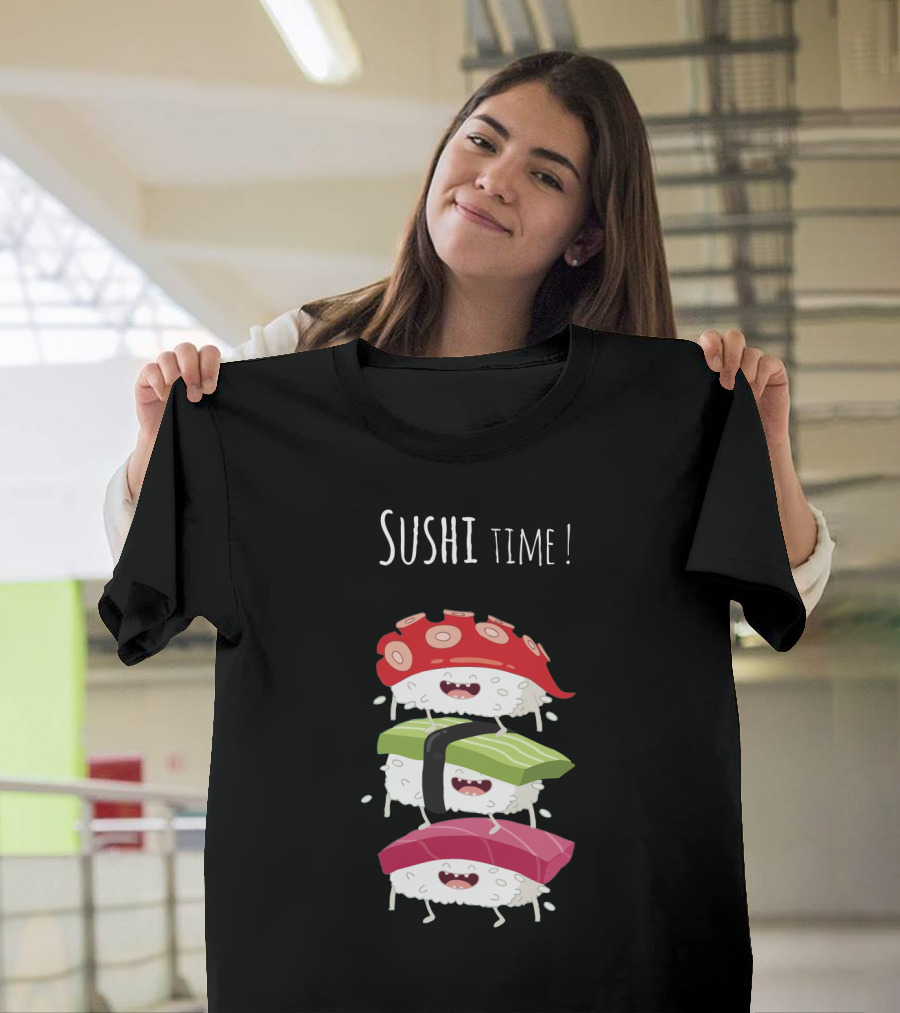 Sushi Time Funny Animated Sushi Stack with Smiling Rice Characters T-Shirt