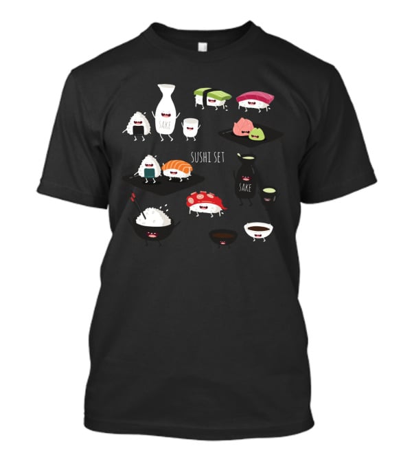 Sushi Set With Happy Sake Characters And Cute Cartoon Sushi Rolls T-Shirt
