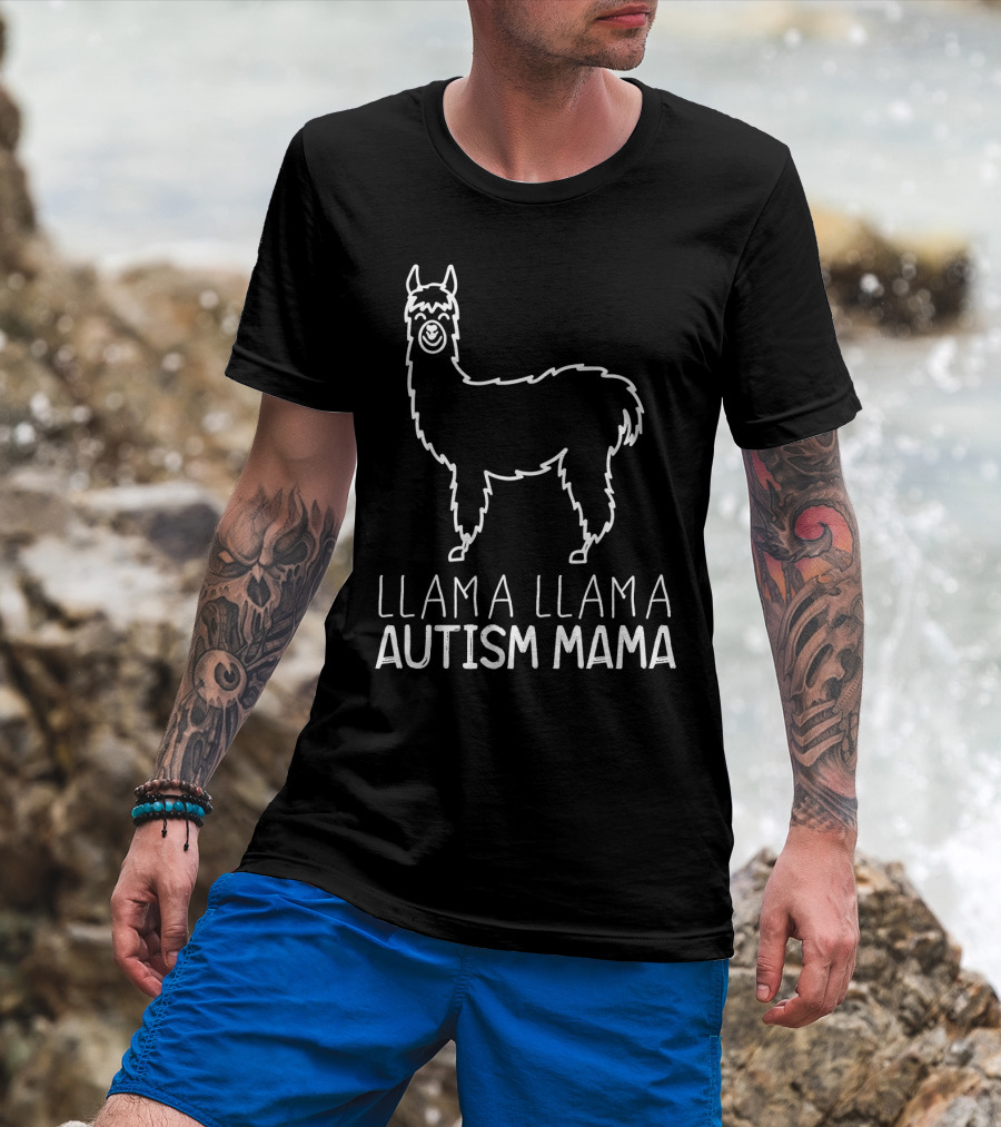 Llama Llama Autism Mama White Outline T-Shirt