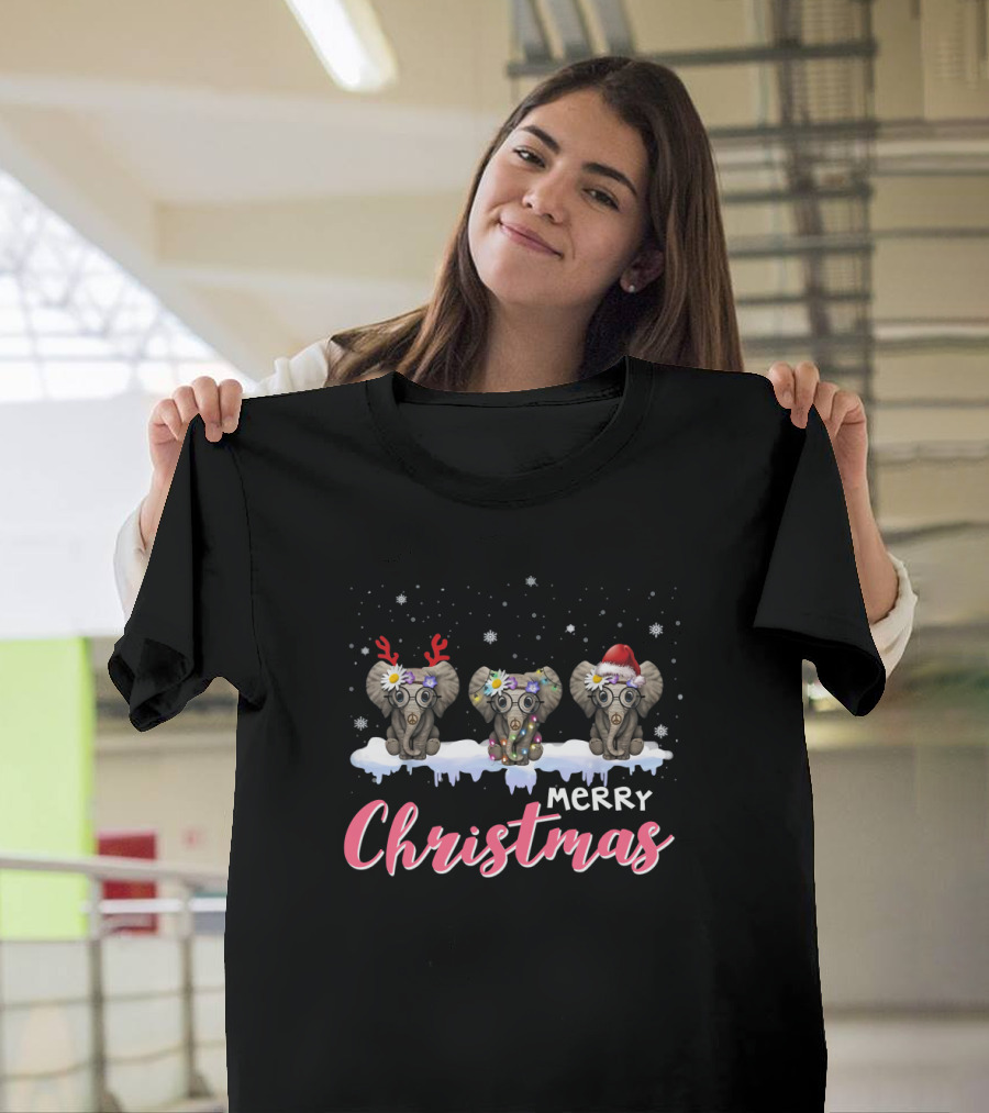 Merry Christmas Elephants In Festive Hats With Snowflakes And Ice T-Shirt