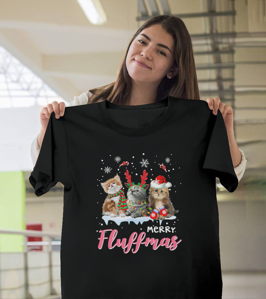 Merry Fluffmas Cute Festive Cats with Snowflakes and Candy Canes T-Shirt