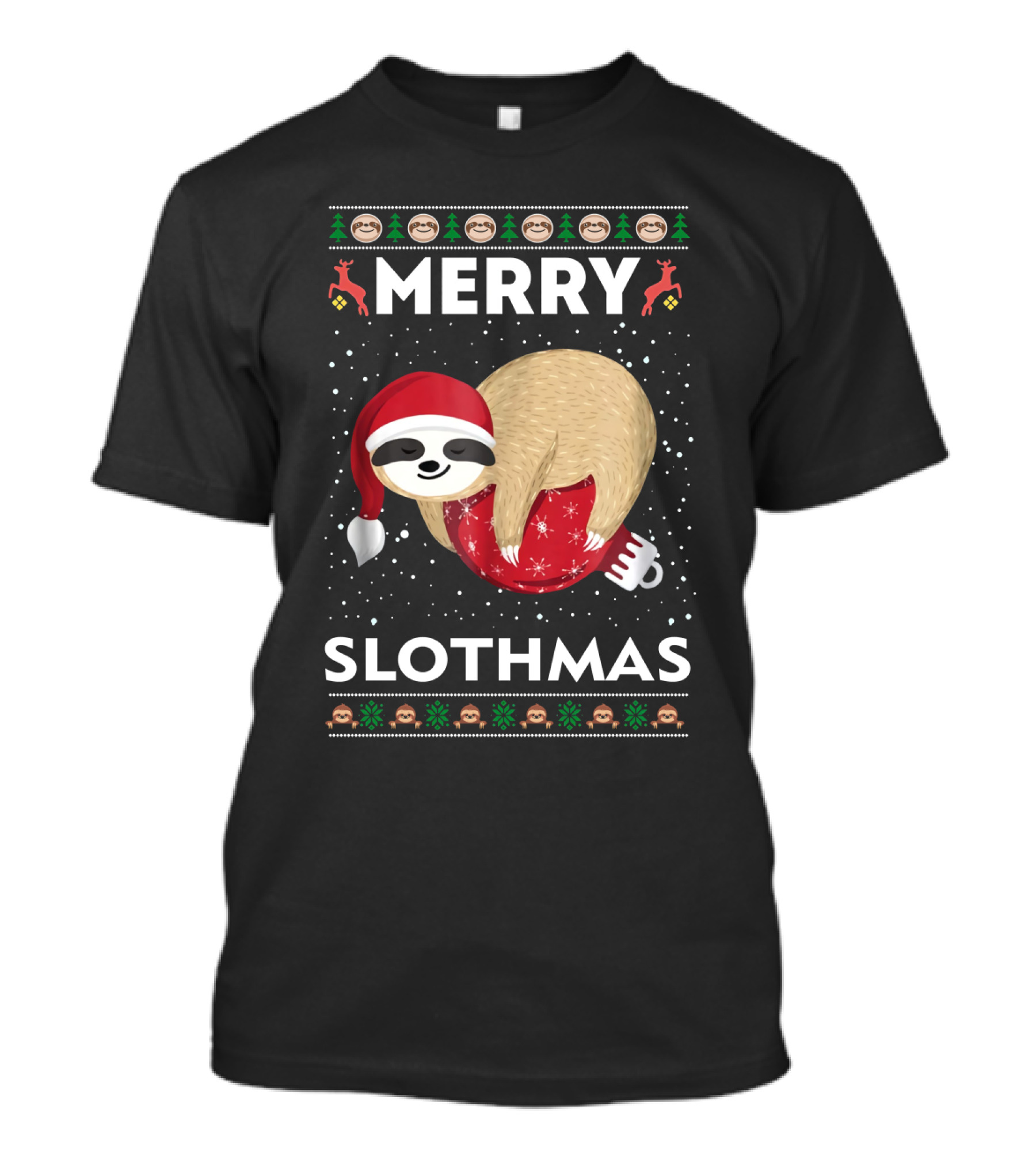 Merry Slothmas Ugly Christmas Sweater Sloth Holiday Festive Santa Hat T-Shirt