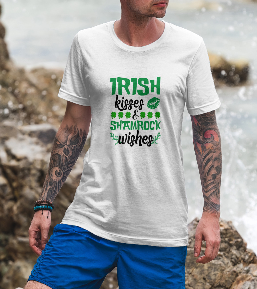 Irish Kisses And Shamrock Wishes With Clovers And Green Lips T-Shirt