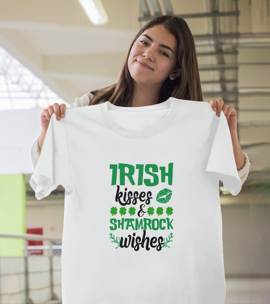 Irish Kisses and Shamrock Wishes with Clovers and Green Lips T-Shirt