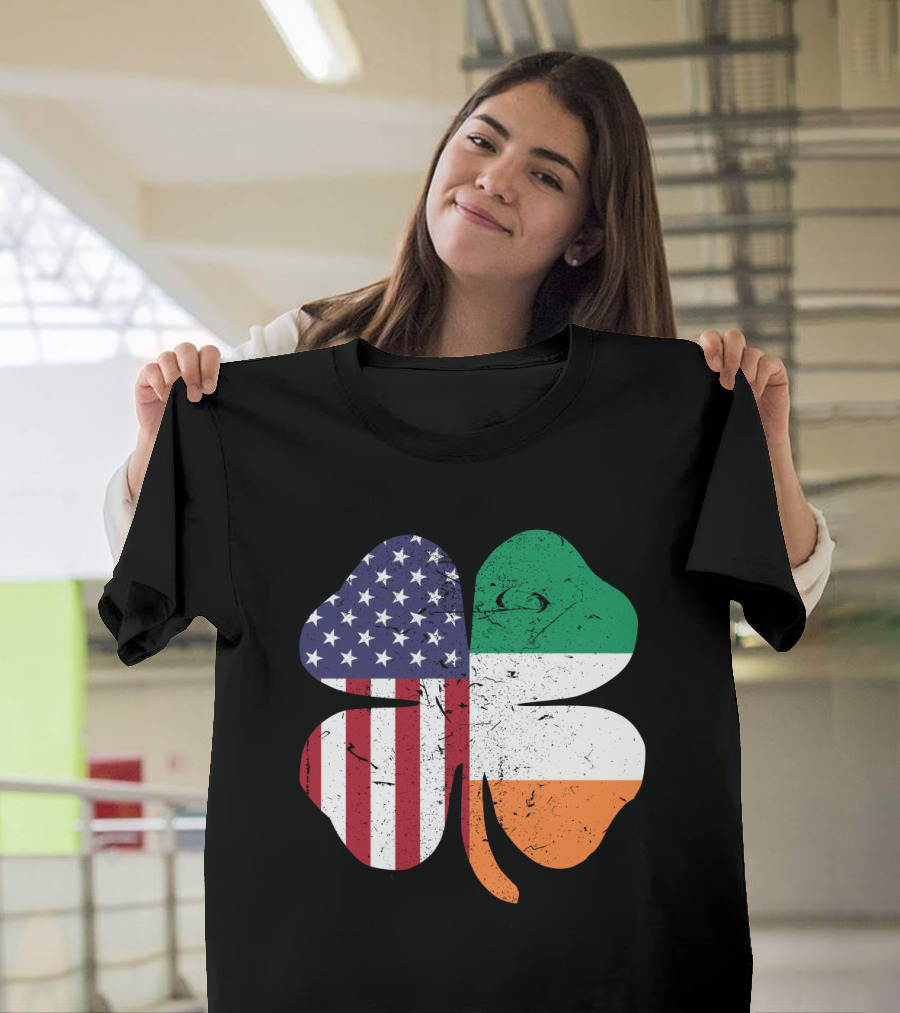 Ireland Flag and American Flag Shamrock T-Shirt