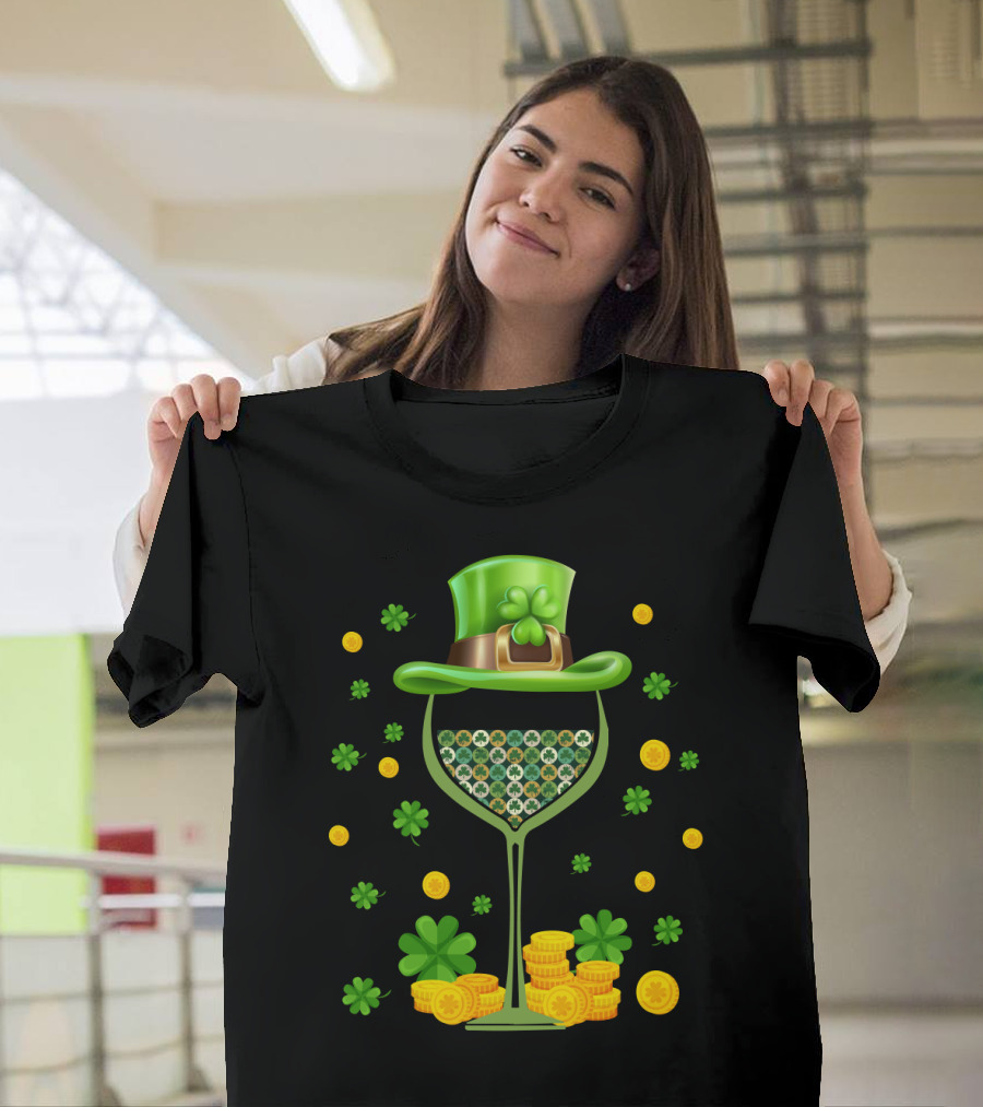 Patrick's Day Wine Glasses Leprechaun Hat Clover Coins T-Shirt