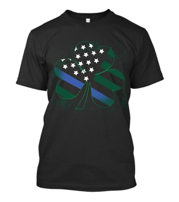 St Patrick's Day American Flag Shamrock Blue Line T-Shirt