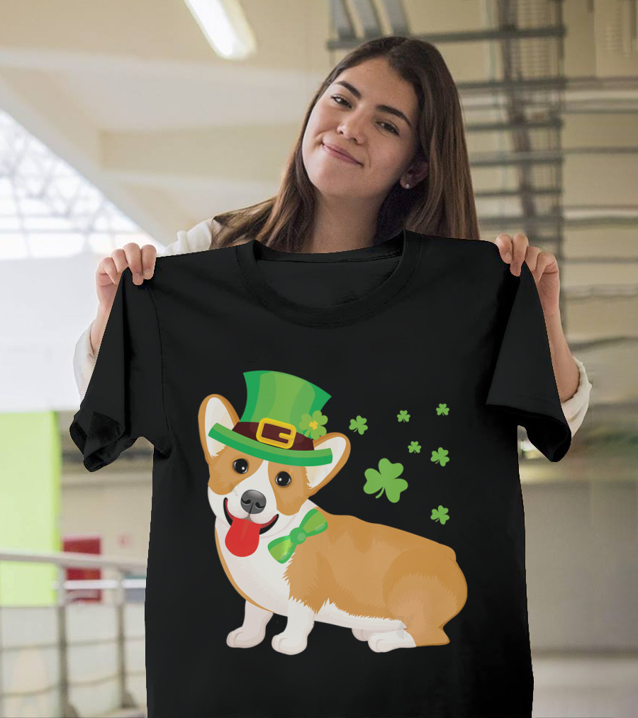 Corgi St Patrick's Day Lucky Shamrocks And Green Leprechaun Hat T-Shirt