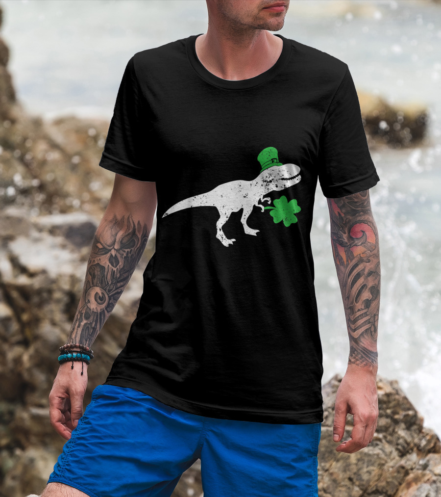 T-Rex Dinosaur With Leprechaun Hat And Shamrock For St Patricks Day T-Shirt