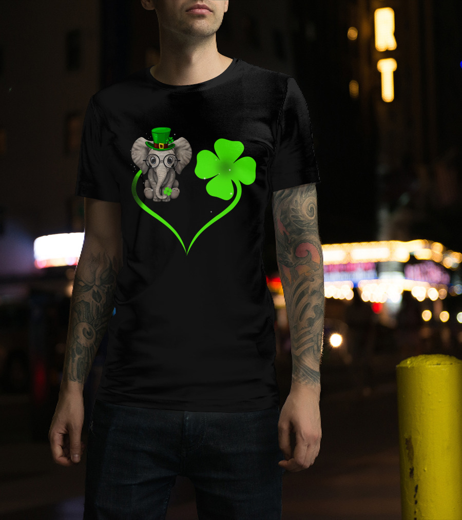 Elephant Wearing St. Patrick's Day Hat With Four-Leaf Clover And Heart-Shaped Shamrock Love T-Shirt