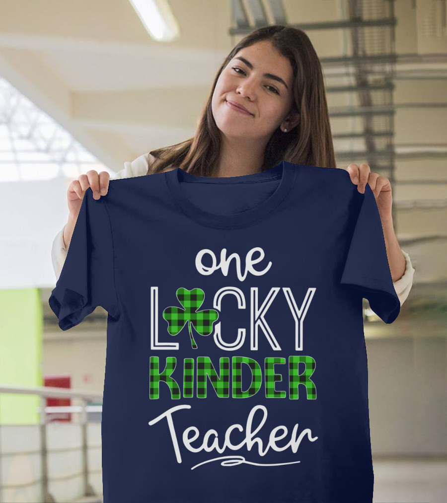 One Lucky Kinder Teacher Shamrock Plaid T-Shirt