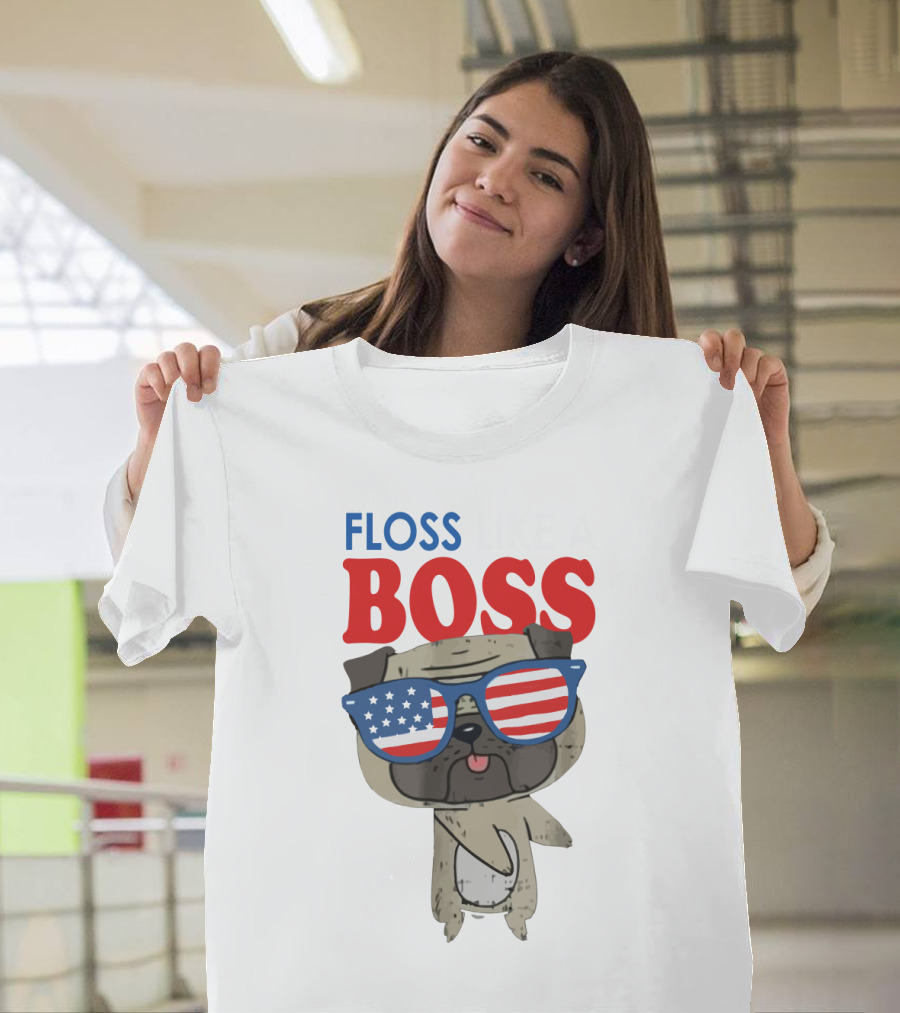 Floss Like A Boss Bulldog With American Flag Sunglasses T-Shirt