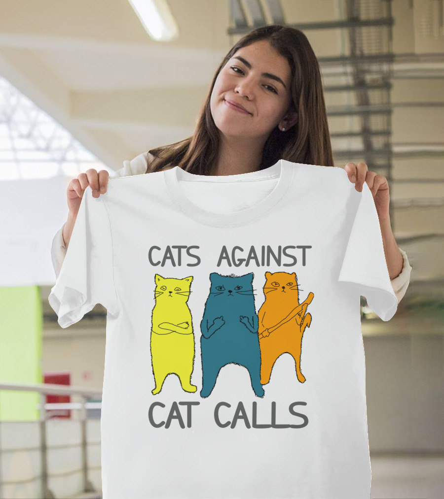 CATS AGAINST CAT CALLS Three Colorful Cats United Stance T-Shirt
