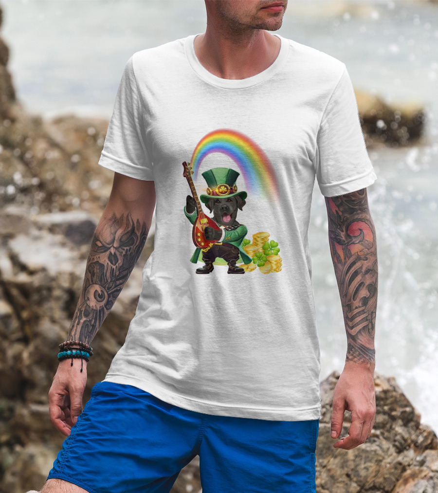 Dog Rocking Irish Luck Rainbow Guitar T-Shirt