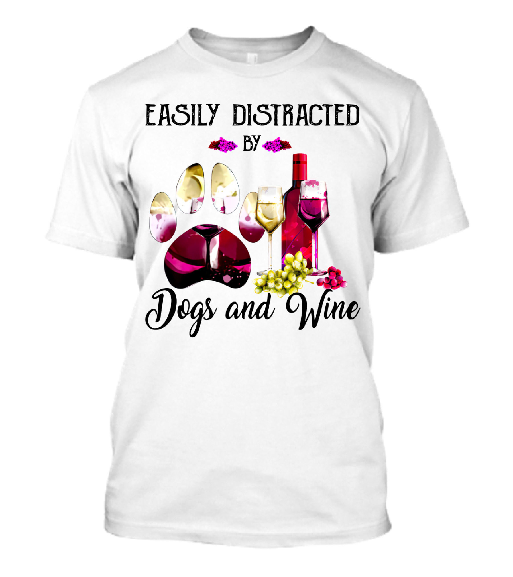 Easily Distracted By Dogs And Wine Paw Print With Bottle And Glasses T-Shirt