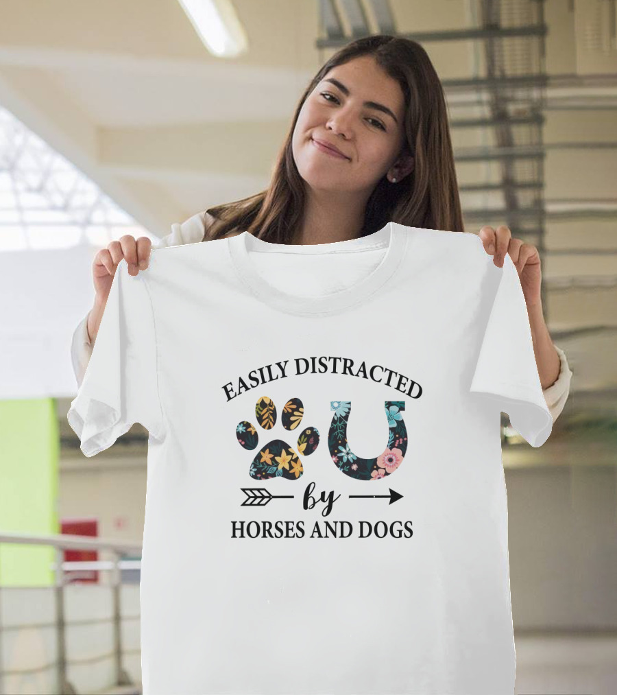 Easily Distracted By Horses And Dogs Floral Paw Print And Horseshoe T-Shirt