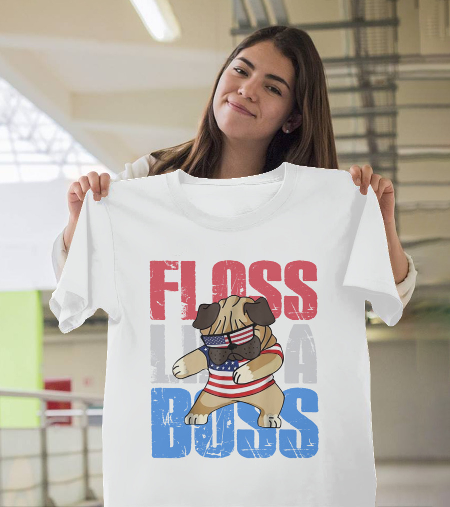 Floss Like A Boss American Flag Bulldog With Sunglasses T-Shirt