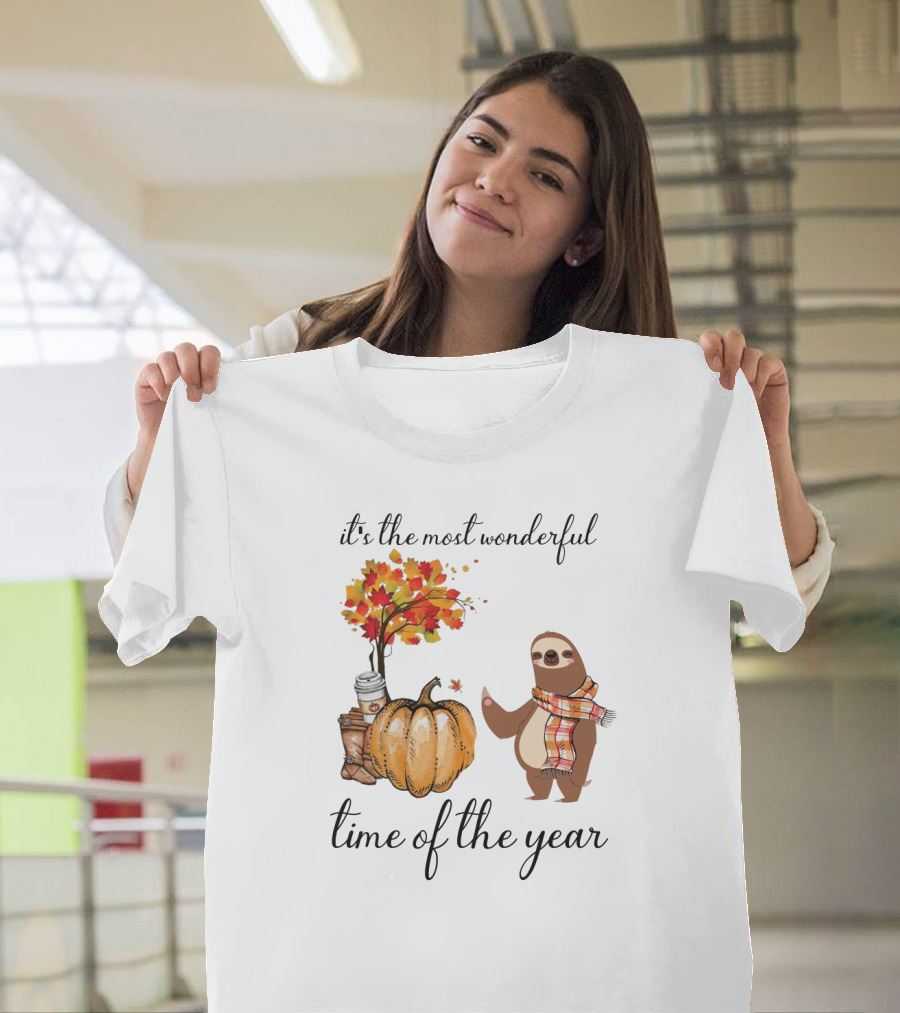 It's the Most Wonderful Time of the Year Sloths Pumpkin Coffee Leaves Fall T-Shirt
