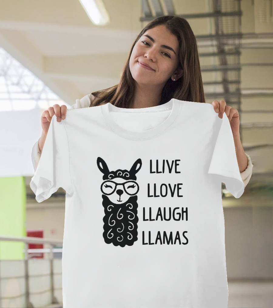Llive Llove Llaugh Llamas with Adorable Glasses-Wearing Llama T-Shirt