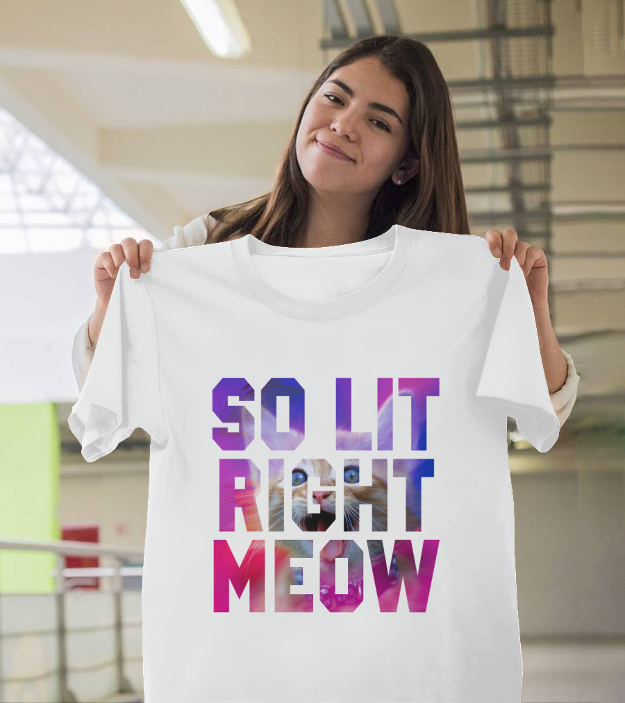 SO LIT RIGHT MEOW Cat Typography T-Shirt