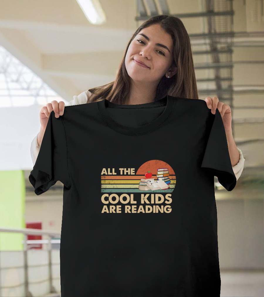 All the Cool Kids Are Reading Books Stack and Apple T-Shirt