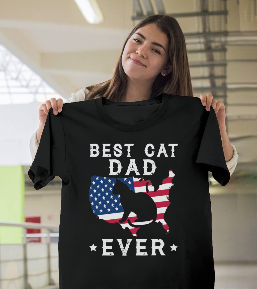 Best Cat Dad Ever USA Flag Cat T-Shirt