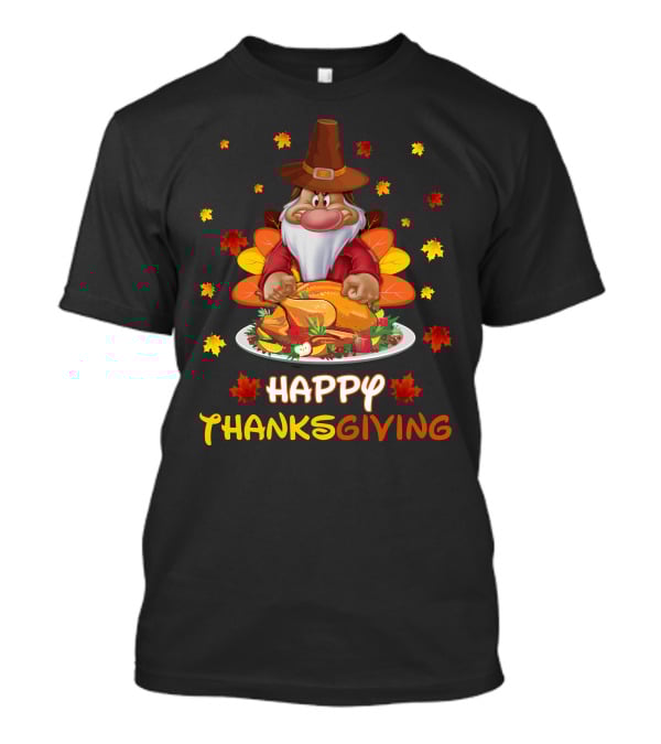 Happy Thanksgiving Grumpy Dwarf Pilgrim With Feast And Fall Leaves T-Shirt