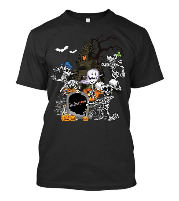 Haunted House Skeleton Dance With Ghost Webs Pumpkins And Bats Halloween T-Shirt