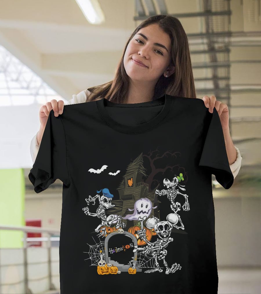 Haunted House Skeleton Dance With Ghost Webs Pumpkins And Bats Halloween T-Shirt