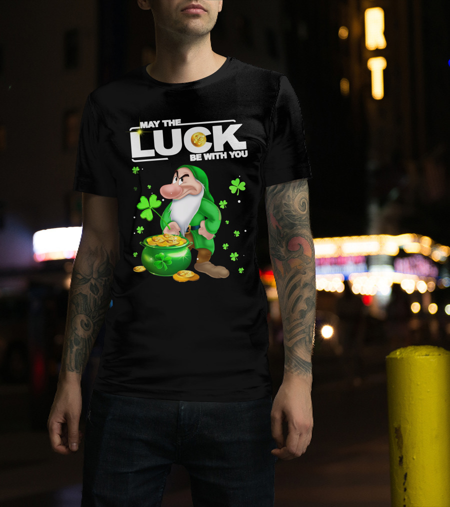 MAY THE LUCK BE WITH YOU Grumpy Gnome With Coins And Clovers T-Shirt