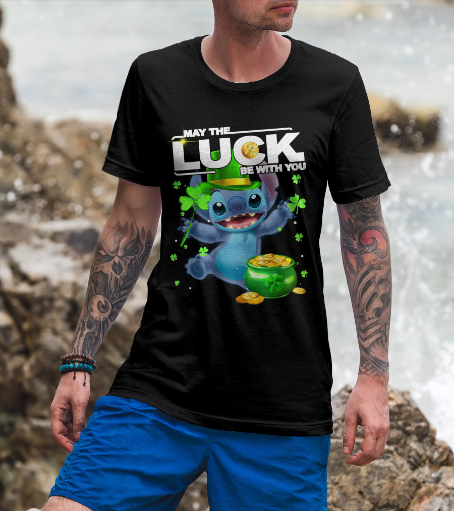 May The Luck Be With You Stitch Pot Of Gold Shamrocks T-Shirt