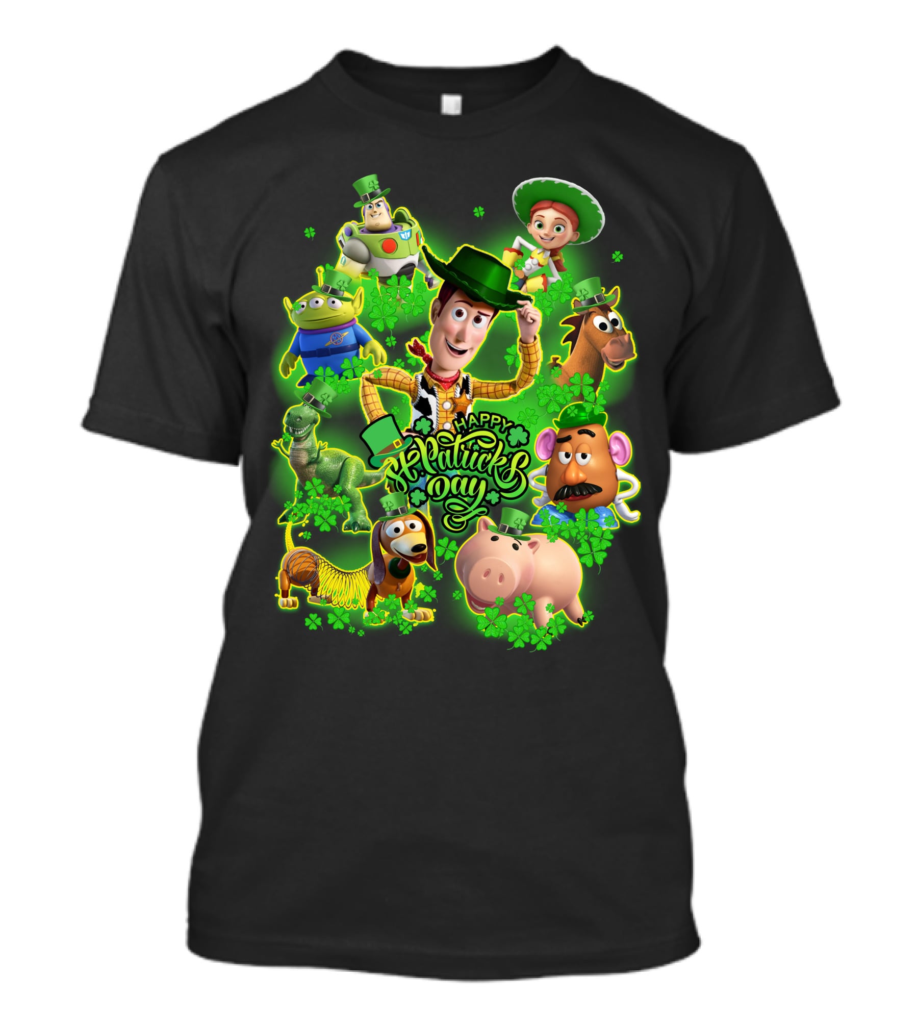 Happy St. Patrick's Day Toy Story Characters In Green Outfits With Shamrocks T-Shirt