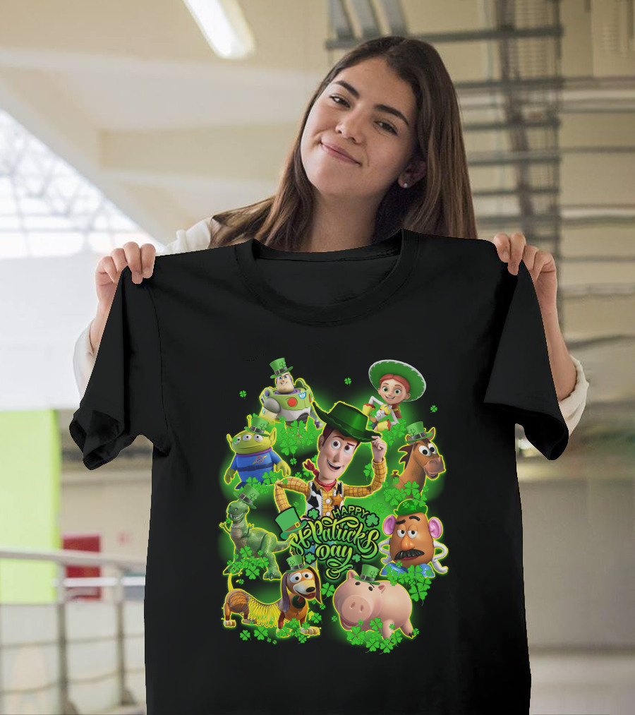 Happy St. Patrick's Day Toy Story Characters In Green Outfits With Shamrocks T-Shirt