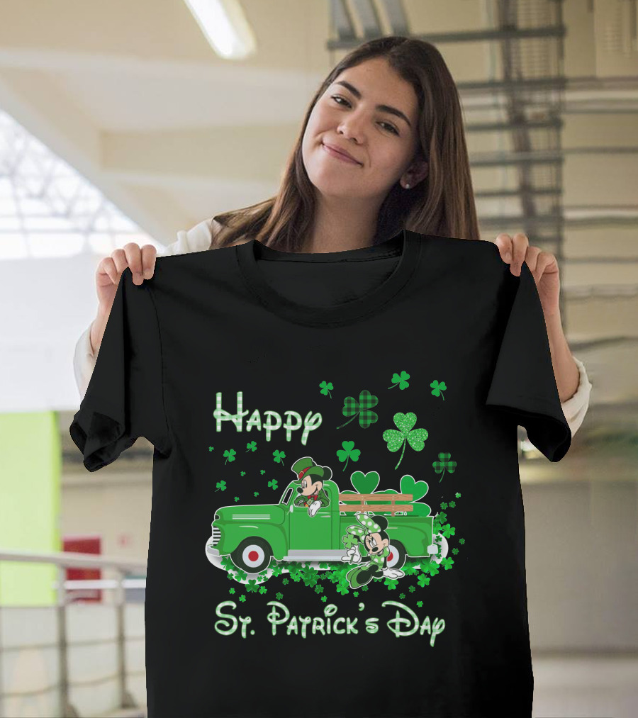 Happy St. Patrick's Day Mickey Mouse Green Truck Shamrocks T-Shirt