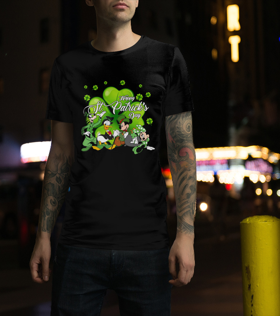 Happy St. Patrick's Day Mickey Mouse Donald Duck Goofy Minnie Mouse With Shamrocks T-Shirt