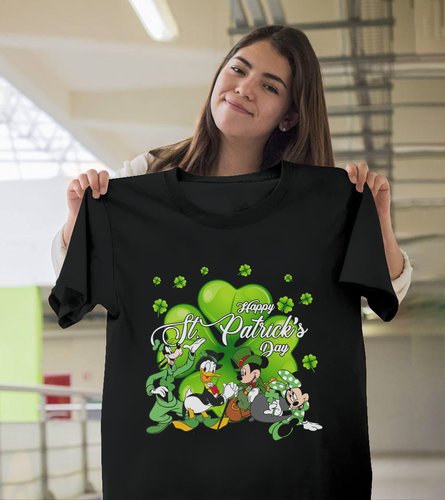 Happy St. Patrick's Day Mickey Mouse Donald Duck Goofy Minnie Mouse with Shamrocks T-Shirt