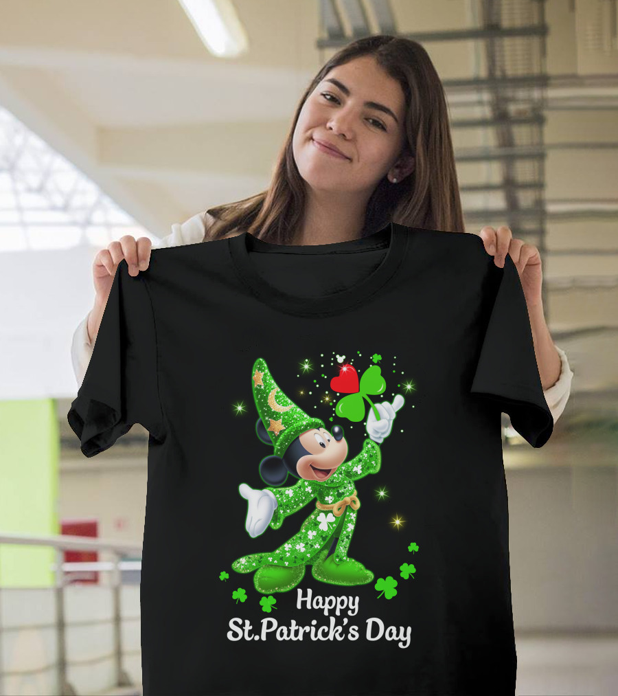 Happy St. Patrick's Day Mickey In Green Wizard Cloak With Clover Magic T-Shirt