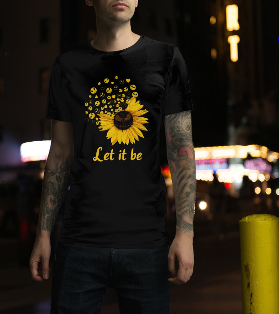 Jack Skellington Face Sunflower Let It Be Hearts Yellow Smiles T-Shirt