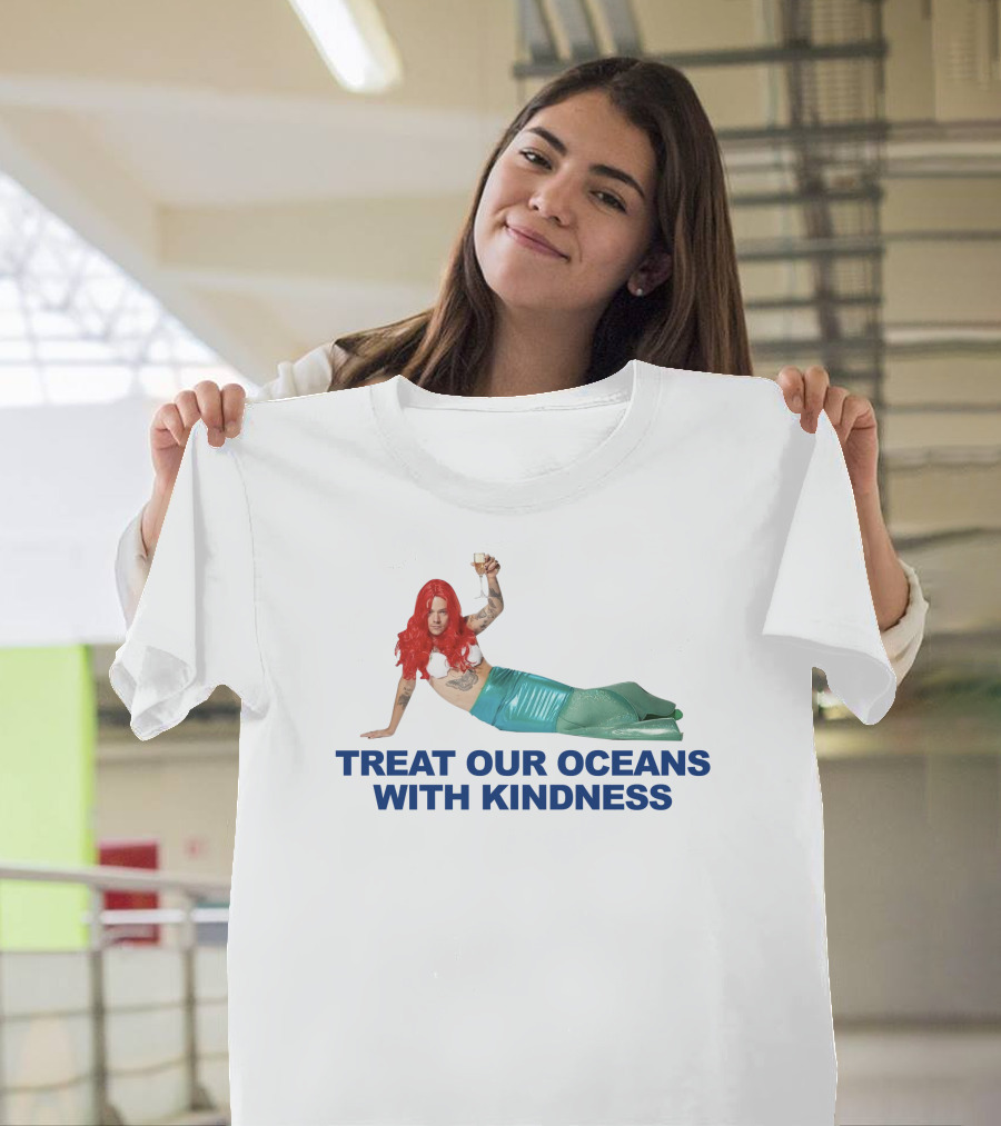 Treat Our Oceans With Kindness Red-Haired Mermaid Holding Glass T-Shirt