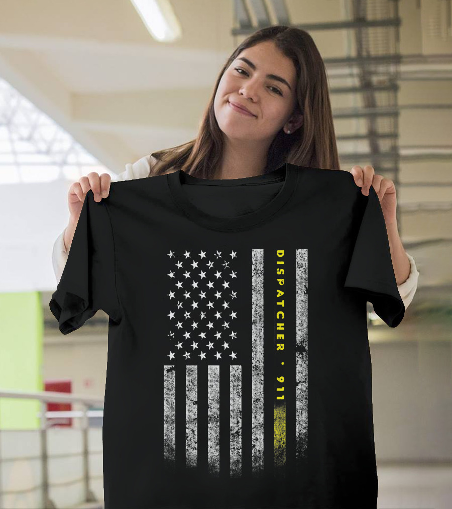 Dispatcher 911 American Flag with Gold Line USA Flag T-Shirt